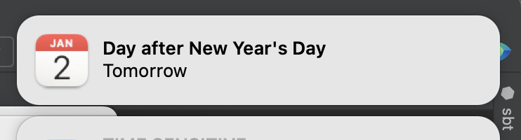 Calendar Notification:

Jan 2 — Tomorrow: Day after New Year's Day