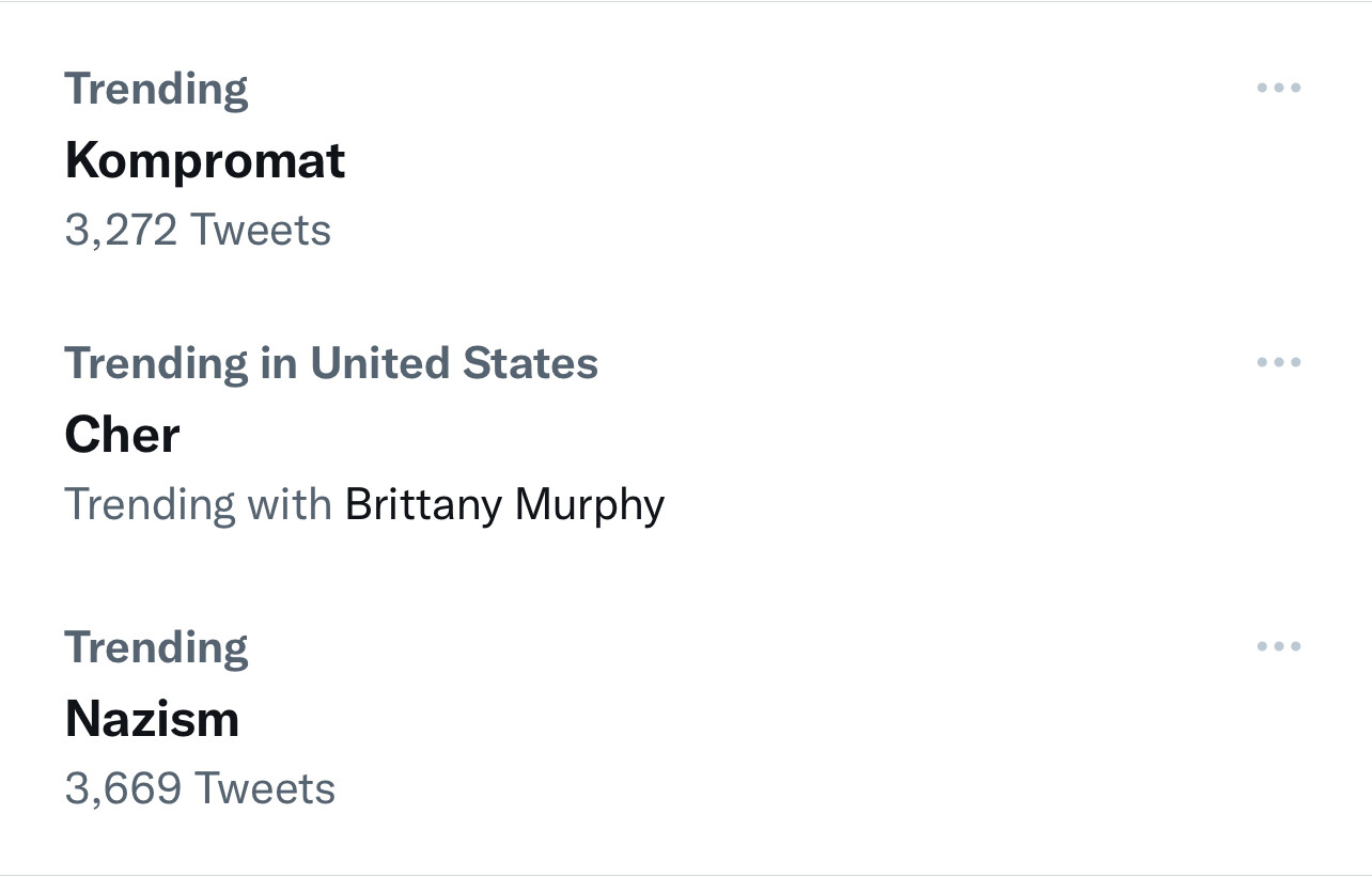 current trending topics on Twitter include “Kompromat”, “Cher”, and “Nazism”.