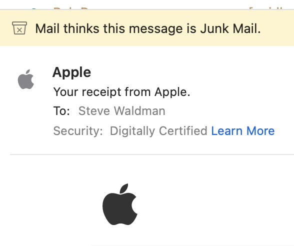 A screenshot of Apple Mail noting 